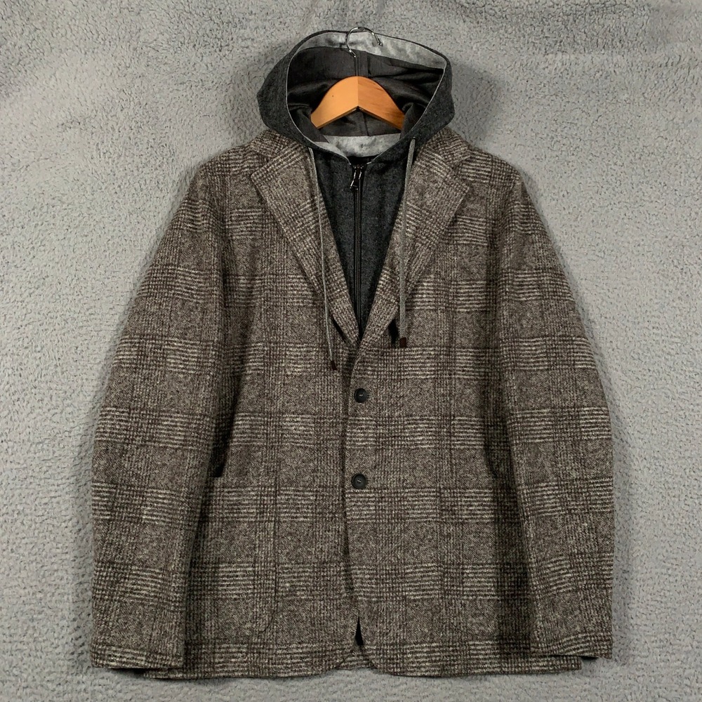 Fradi Layered Hooded Blazer Jacket Mens Italy 52 US Large Brown Plaid Wool Blend